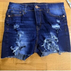 Elite Jeans Womens Distressed Denim Shorts Dark Wash High Rise Cut Off Size 7/8